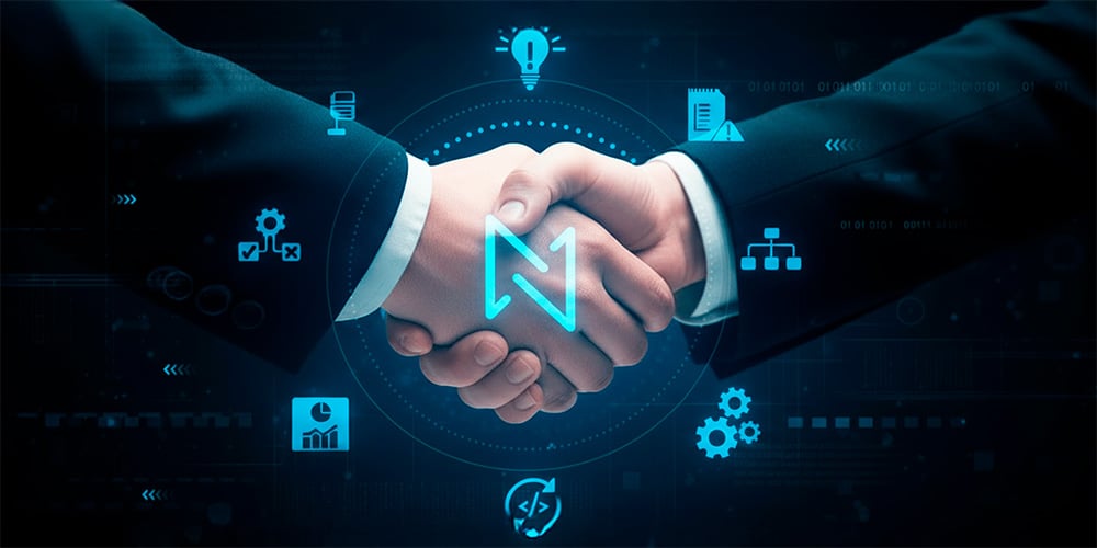 Empresários aparteando a mão para sela um negocio, ícones de dados flutuam em volta