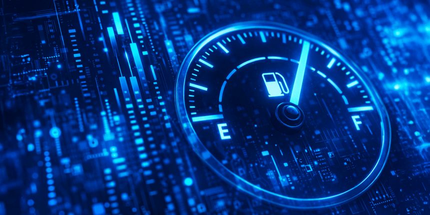 Painel digital em formato de medidor de combustível sobre dados, simbolizando informação como motor da prospecção.