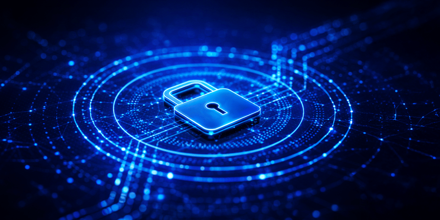 Cadeado digital no centro de uma rede de dados, simbolizando segurança, compliance e análise de risco com IA.