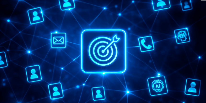 Ícone de alvo central conectado a múltiplos canais e perfis em uma rede digital com IA.