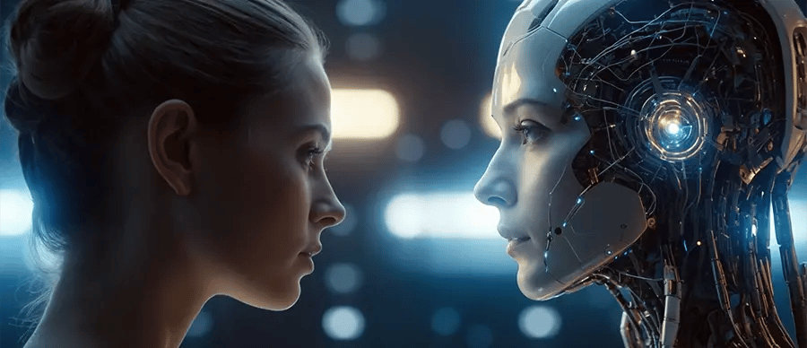 Mulher e robô humanoide frente a frente, em perfil, representando a interação entre humanos e inteligência artificial