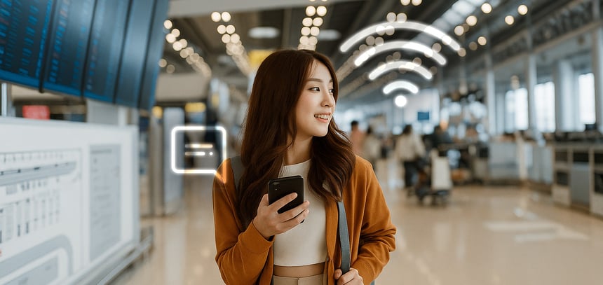 Jovem usando wi-fi em um aeroporto