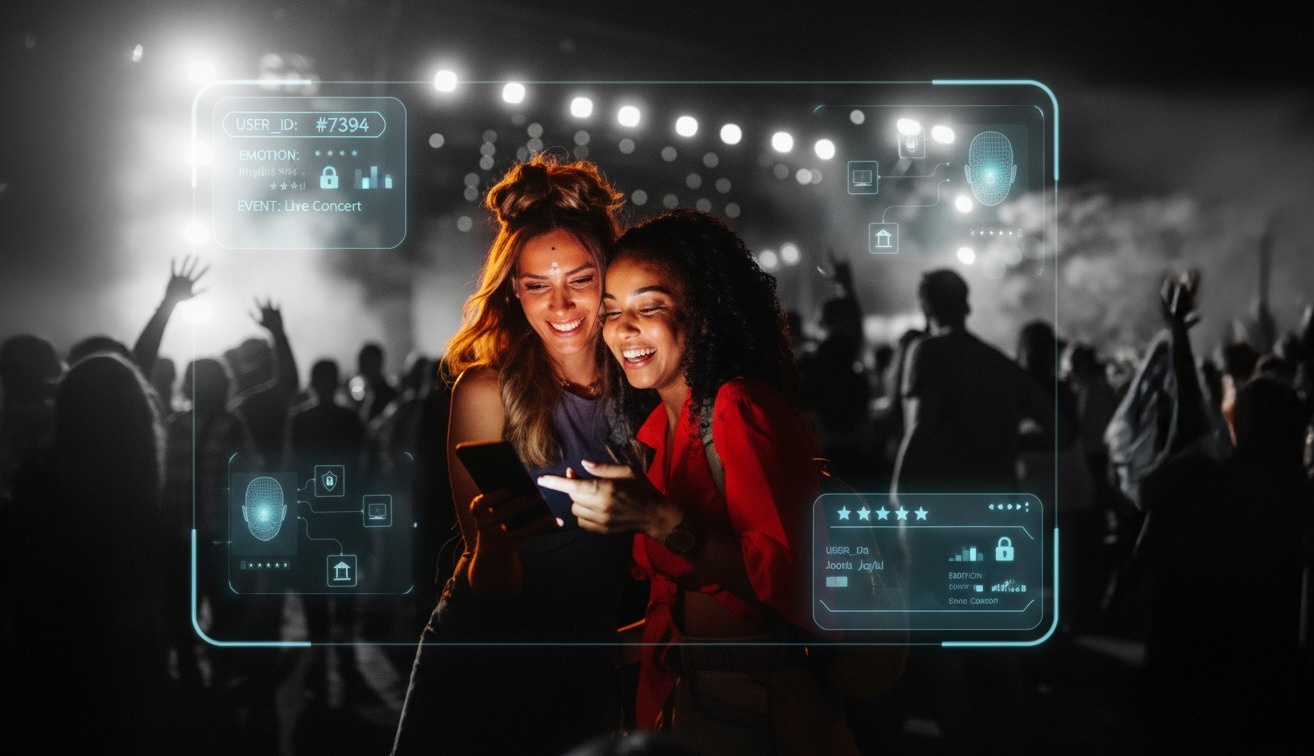 Duas mulheres em um show com um painel mostrando dados enriquecidos sobre elas