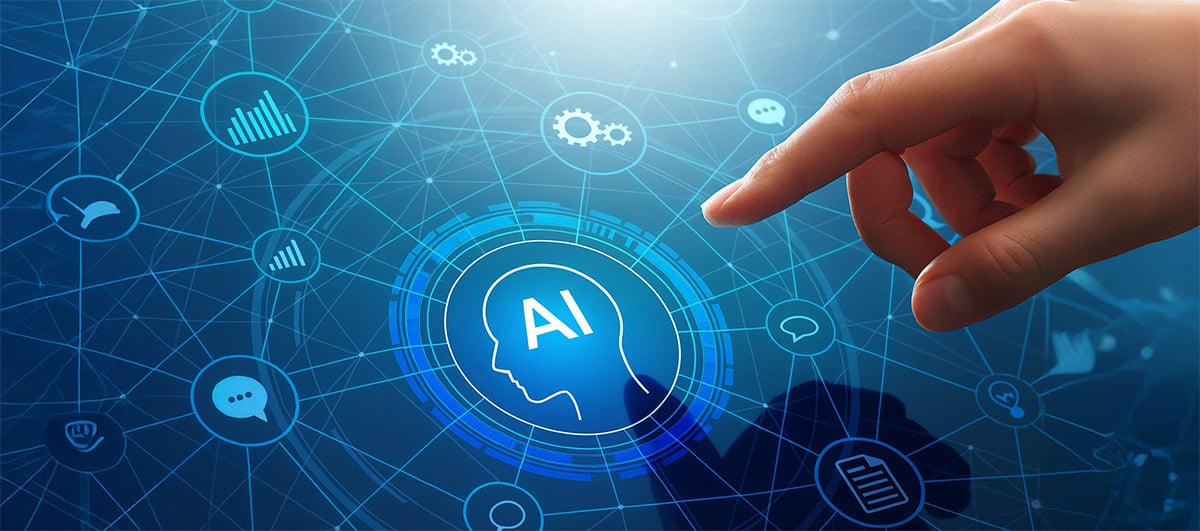 Mão interagindo com um tela com inteligencia artificial